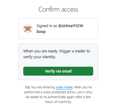 GitHub의 “Confirm access” 화면. 로그인한 계정 이름과 “Verify via email” 버튼이 있다.