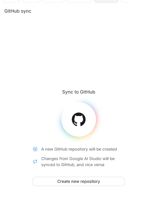 “Sync to GitHub” 화면. 새 GitHub 저장소가 만들어지고 AI Studio와 GitHub의 변경이 서로 동기화된다는 설명과 “Create new repository” 버튼이 있다.