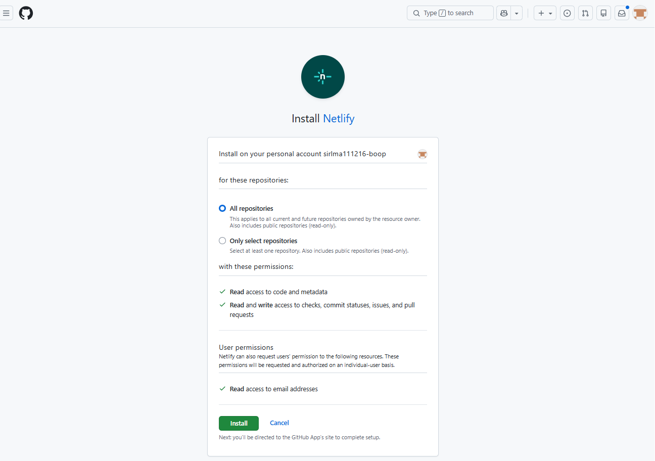 GitHub의 “Install Netlify” 화면. All repositories와 Only select repositories 선택지, 권한 목록, 초록색 Install 버튼이 있다.