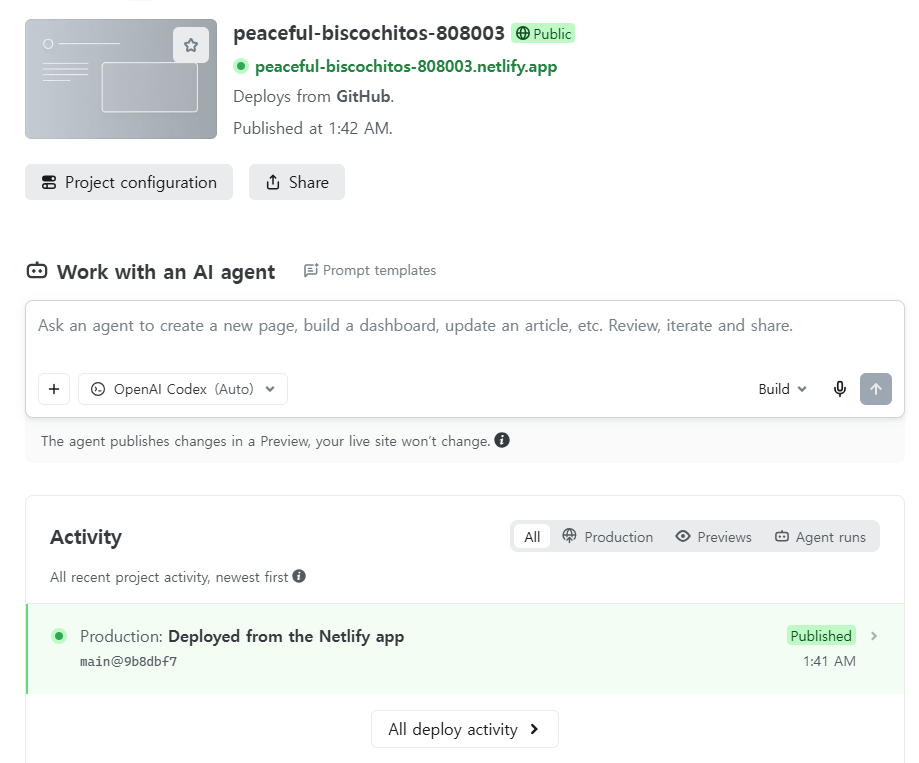 배포가 끝난 Netlify 프로젝트 화면. 프로젝트 이름과 Public 표시, 초록색 netlify.app 주소, Deploys from GitHub, Project configuration과 Share 버튼, Work with an AI agent 입력창, Activity에 Published 기록이 있다.